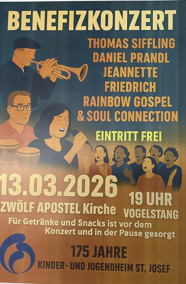 Plakat für das Benefizkonzert zugunsten des Kinderheims St. Josef am 13.3.26 in der Zwölf-Apostel-Kirche in Mannheim-Vogelstang. Beginn: 19 Uhr. Eintritt frei.